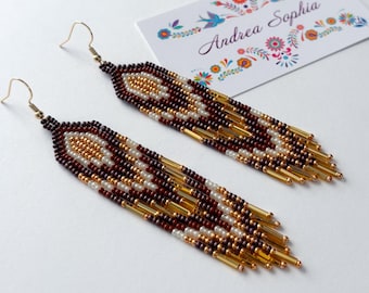 Indigenous Handmade Beaded Earrings: Brown and Gold Chevron Stripes, Native American Beadwork Jewelry, Indigenous owned shop