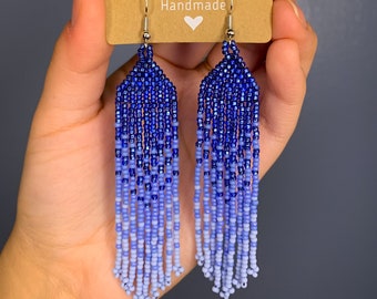 Indigenous Beaded Earrings — Blue Gradient Handmade earrings | Native American beadwork | Native made beaded jewelry | Indigenous owned shop