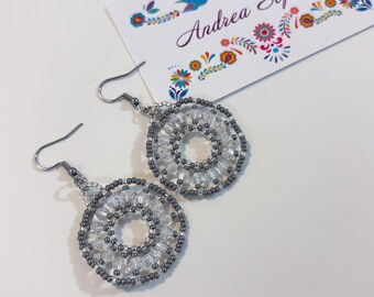 Indigenous Handmade Beaded Earrings: Silver, Clear, and Crystals Hoops, Small Beadwork Jewelry, Native American Owned Shop