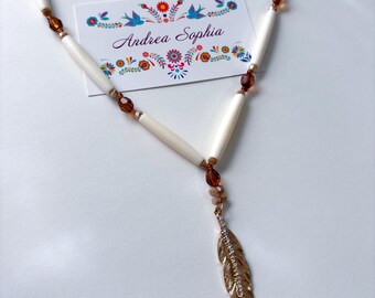 Indigenous Beaded Necklace : Gold Feather Pendant with Crystals and Buffalo Bone Beads, Native American Handmade Jewelry, Indigenous Owned