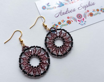 Indigenous Handmade Beaded Earrings: Burgundy, Black, and Burgundy Crystals Hoops, Small Beadwork Jewelry, Native American Owned Shop