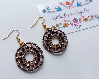 Indigenous Handmade Beaded Earrings: Brown, Gold, and Crystals Hoops, Small Beadwork Jewelry, Native American Owned Shop