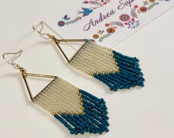 Indigenous Beaded Earrings: Teal, Cream, and Gold Triangle Hoops, Handmade Native American Beadwork, Native Jewelry, Indigenous owned shop