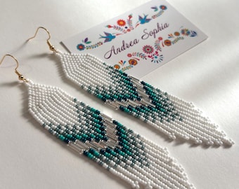 Inidgenous Handmade Turquoise and Silver Beaded Earrings: Long Fringe Beadwork Jewelry, Native American Owned Shop