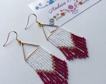 Indigenous Beaded Earrings: Magenta, White, and Gold Triangle Hoops, Handmade Native American Beadwork, Native Jewelry, Indigenous owned