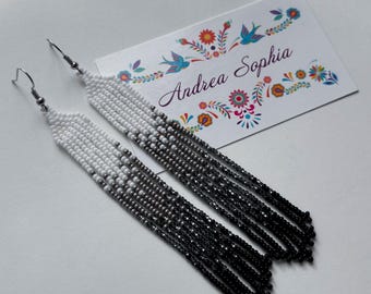 Indigenous Handmade Beaded Earrings: White, Silver, and Black Gradient, Native American Beadwork Jewelry, Indigenous Owned Shop