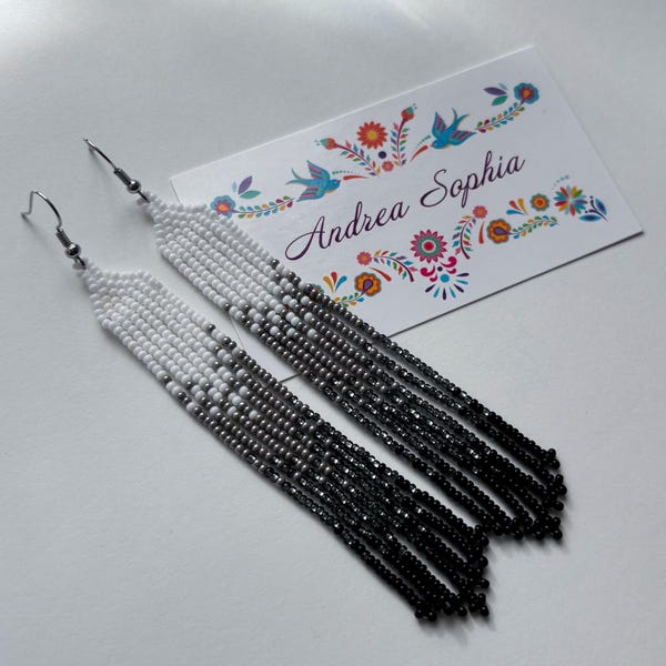 Indigenous Handmade Beaded Earrings: White, Silver, and Black Gradient, Native American Beadwork Jewelry, Indigenous Owned Shop