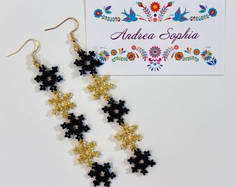 Indigenous Handmade Beaded Earrings: Black and Gold Snowflakes, Native American Beadwork Jewelry, Christmas Holiday Earring, Indigenous Shop