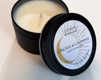Orchid and Lavender Soy Wax Handmade Candle: 3.5oz Candle Gift, Small Black Candle, Relaxing Aromatherapy Candle, Indigenous Owned Shop