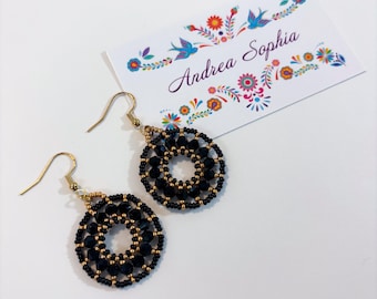 Indigenous Handmade Beaded Earrings: Black, Gold, and Crystals Hoops, Small Beadwork Jewelry, Native American Owned Shop