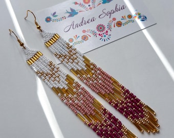 Indigenous Handmade Beaded Earrings: White, Pink, and Gold, Long Fringe Earrings, Native American Beadwork Jewelry, Indigenous owned shop