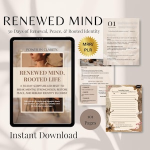 Peut inclure: Téléchargement numérique intitulé "Renewed Mind" avec le texte "30 jours de renouveau, de paix et d'identité enracinée". L'image comprend une tablette affichant la couverture du livre, des pages supplémentaires et le texte "Téléchargement instantané".