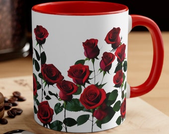 Red Rose Floral Mug, Gift for Gardener, 11 oz