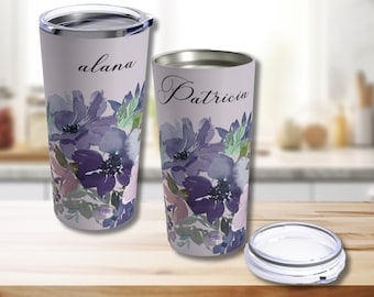 Purple Floral Tumbler, Personalized 20 oz Stainless Steel Travel Mug