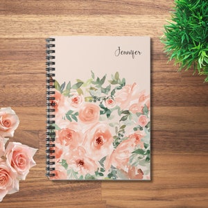 Peach floral personalized spiral journal, spiral notebook, Personalized with name, gift for her, travel journal, wedding journal