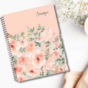 Peach floral personalized spiral notebook,8.5 in x 11in spiral notebook,Personalized with name, custom journal, gift for her,gift for friend