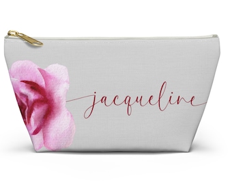 Rose with Script Personalized pouch, Personalized with name, personalized cosmetics bag, custom pencil pouch, gift for her, gift for friend