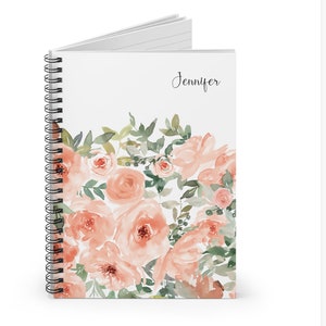 Peach floral personalized spiral journal, spiral notebook, Personalized with name, gift for women, gift for friend