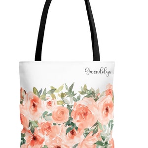 Custom Peach Floral Canvas Tote Bag - Personalized Gift for Her or Friend