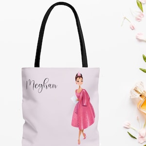 Pink Audrey Hepburn Personalized Tote Bag, Breakfast at Tiffany&#39;s tote, Personalized Tote Bag, Gift for Her, Gift for Friend, Custom Tote