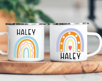 Personalized Rainbow Mug, Kids Enamel Mug, Shatterproof with Handle