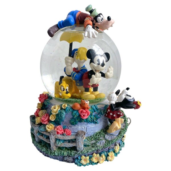 Vintage 90er Jahre Disney Micky Maus und Freunde Musical Glitzer Schneekugel Spielt Zip-A-Dee-Doo-Dah