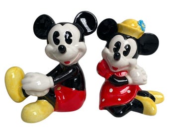 Vintage Disney Malaysia Mickey & Minnie Mouse Sitting Ceramic Figurines Set of 2