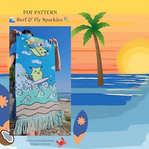 May include: A rectangular crochet wall hanging featuring a blue sky, ocean waves, and a sandy beach. The design includes a yellow creature surfing on a pink board and another flying with balloons. The text reads PDF PATTERN Surf & Fly Sparkies.