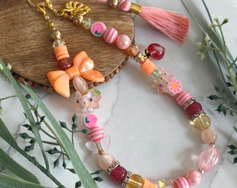 ビーズ付き携帯ストラップ：サマーオレンジ ボヘミアンアクセサリー