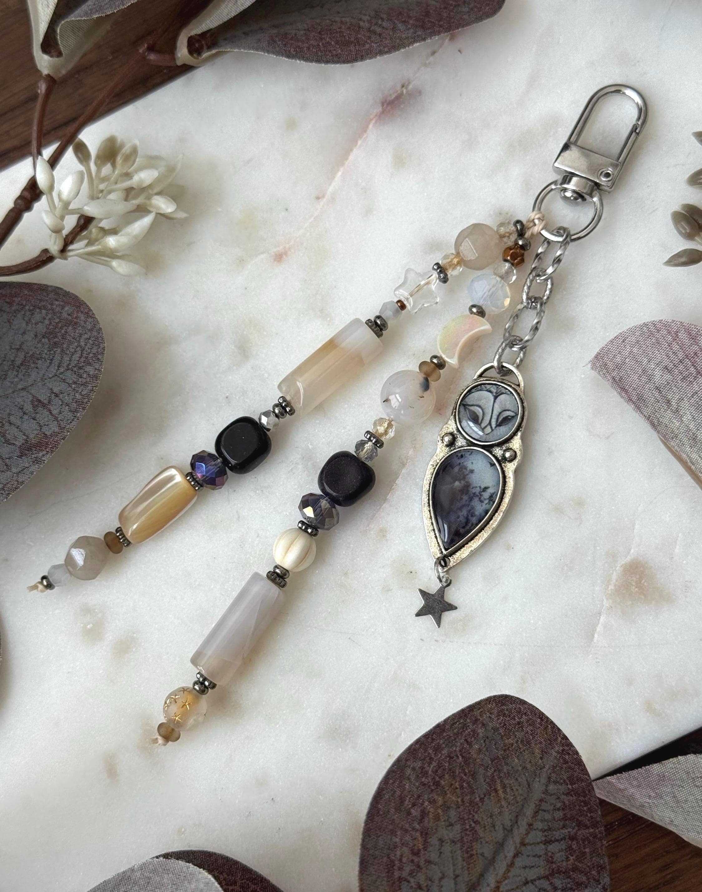 Mystic Barn Owl Agate Gemstone Bag Charm Keychain
