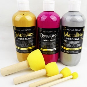 Fabric Paint for Textile (Soft Handle Finish) - 3 x 250ML - Magenta, Gold, Silver, Free Foam Spouncer Set of 4 - More than 60% Off!