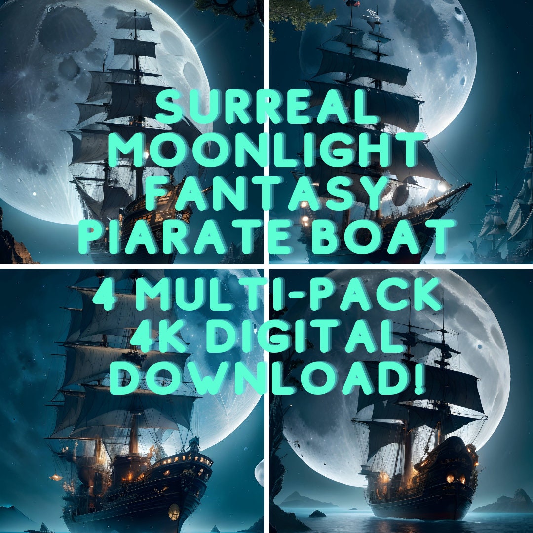 Moonlit Pirate Voyage - 4K Photorealistic Wallpaper Multi-Pack | Celestial Ambiance, Majestic Ship, Exotic Moon Forestry | Digital Download