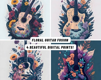 Guitar Floral Fusion: A Studio Ghibli-Inspired Digital Design of a Guitar Wearing Trendy Piano in 4K