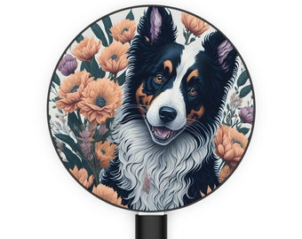 Floral Fantasy Paws, Baby Border Collie: Wireless Charger, Studio Ghibli-esque, 4K Print, Adorable Baby Dogs. Vibrant Flowers.