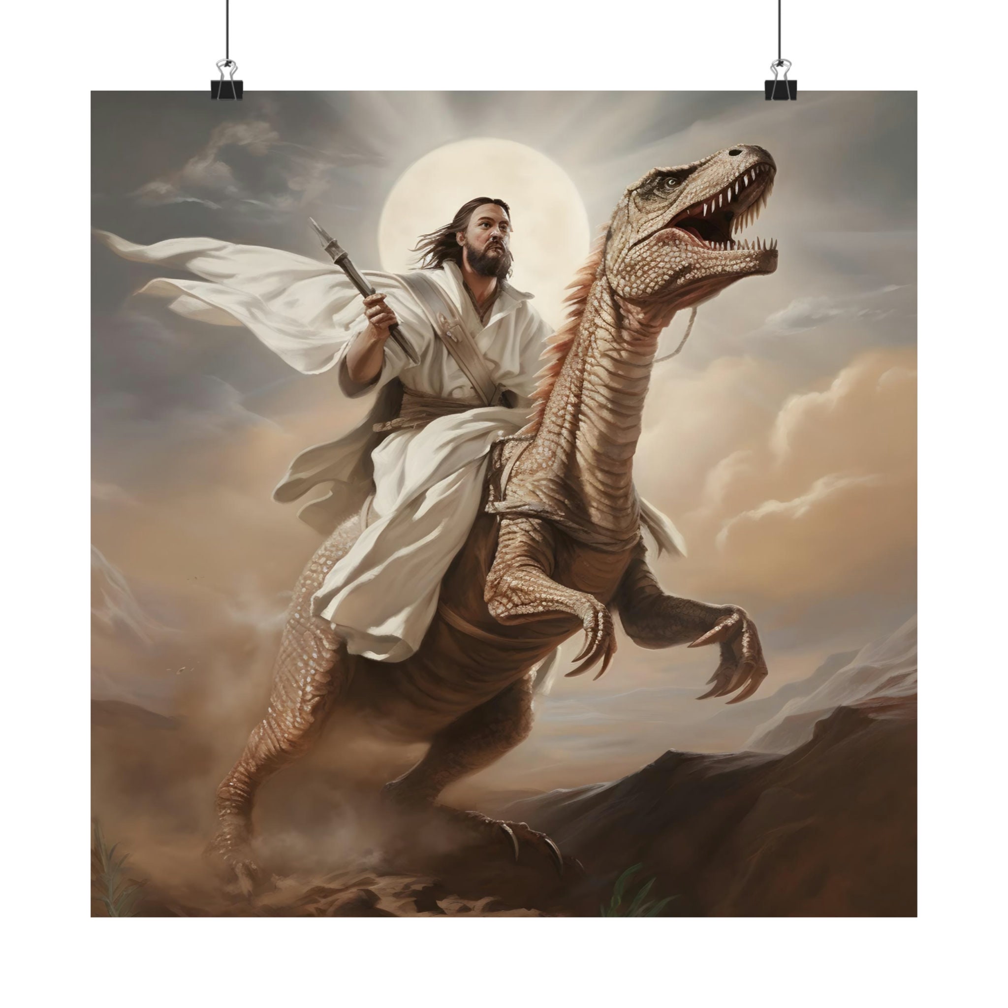 Jesus riding a velociraptor