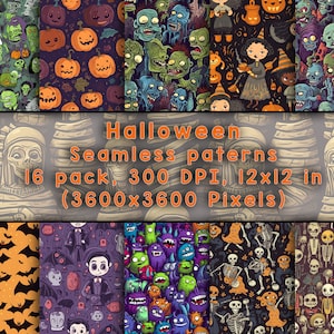 Halloween Spooky, Enchanting Seamless Patterns | 16 High-Res PNG Backgrounds for Print & Design