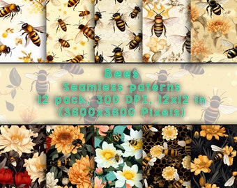 Patrones sin costuras con temática de abejas / 12 fondos PNG de alta resolución para impresión y diseño