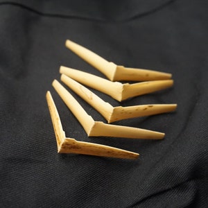 May include: Six natural-colored, wooden, angled pieces, arranged in a fan shape on a black fabric background.