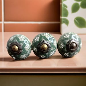 Hand-Painted Ceramic Cabinet Knob: Green Floral with Brass Hardware