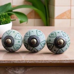Handpainted Green Ceramic Cabinet Knob: Vintage Floral Cupboard Pull