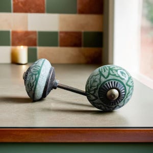 Hand-Painted Green Ceramic Cabinet Knob: Vintage Style Door/Drawer Pull