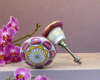 Hand-Painted Ceramic Cupboard Knobs: Floral Boho Decor