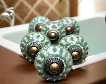 Vintage Style Green Ceramic Door Furniture knob pull handles knobs cabinet Hand-painted ceramic cupboard knobs