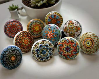 Mandala Ceramic Drawer Knob: Multicolor Cabinet Handle, Handmade in India