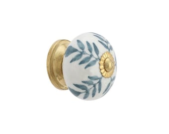 Hand Painted Ceramic Cabinet Knob: Grey Floral Vintage Style