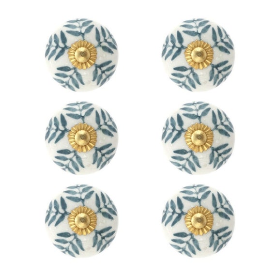 手描きのセラミックキャビネットノブ：グレーフローラルヴィンテージ