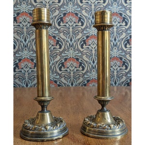 Pair of Victorian Arts & Crafts Brass Column Candlestick Holders Antique English