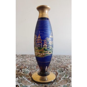 Bohemian Czech Enamelled Japanese Pagoda Gilt Cobalt Blue Glass Vase 32cm