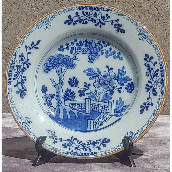 18th Century Dutch Delft Porceleyne Bijl Chinoiserie Antique Ceramic Pottery Dish Plate