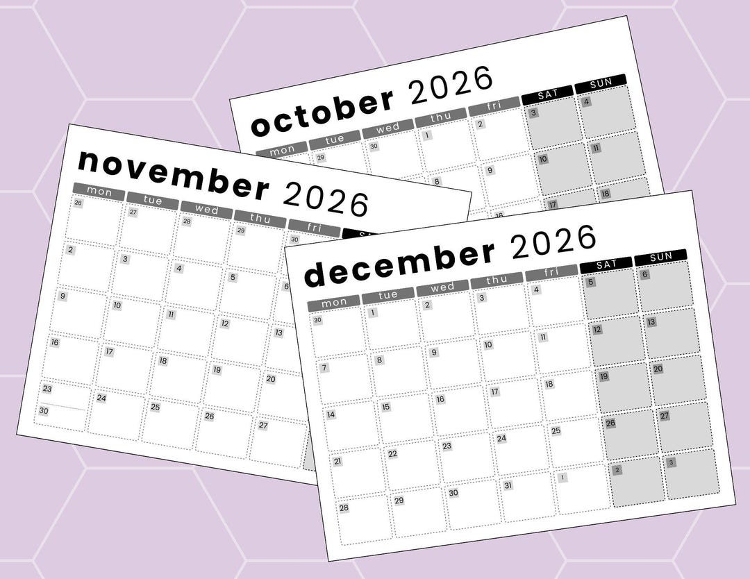 October-december 2026 Monthly Calendars | Q4, Landscape, Letter